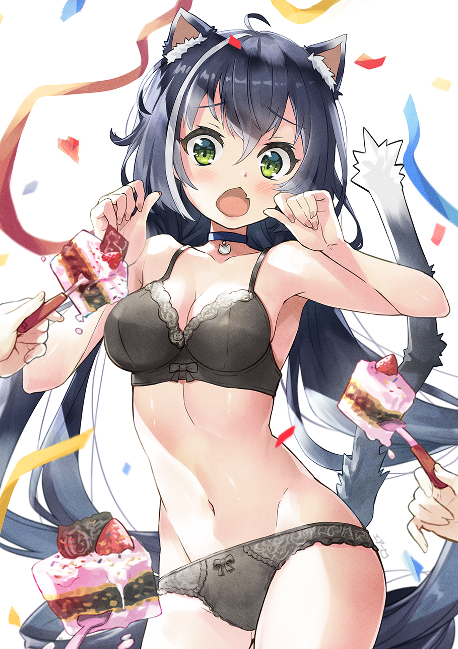 1girl animal_ears birthday black_bra black_choker black_hair black_panties bra breasts cake cat_ears cat_tail choker fang food fork green_eyes highres karyl_(princess_connect!) long_hair low_twintails medium_breasts multicolored_hair navel omgamilla open_mouth panties princess_connect! princess_connect!_re:dive simple_background skin_fang solo_focus streaked_hair tail twintails underwear very_long_hair white_background white_hair