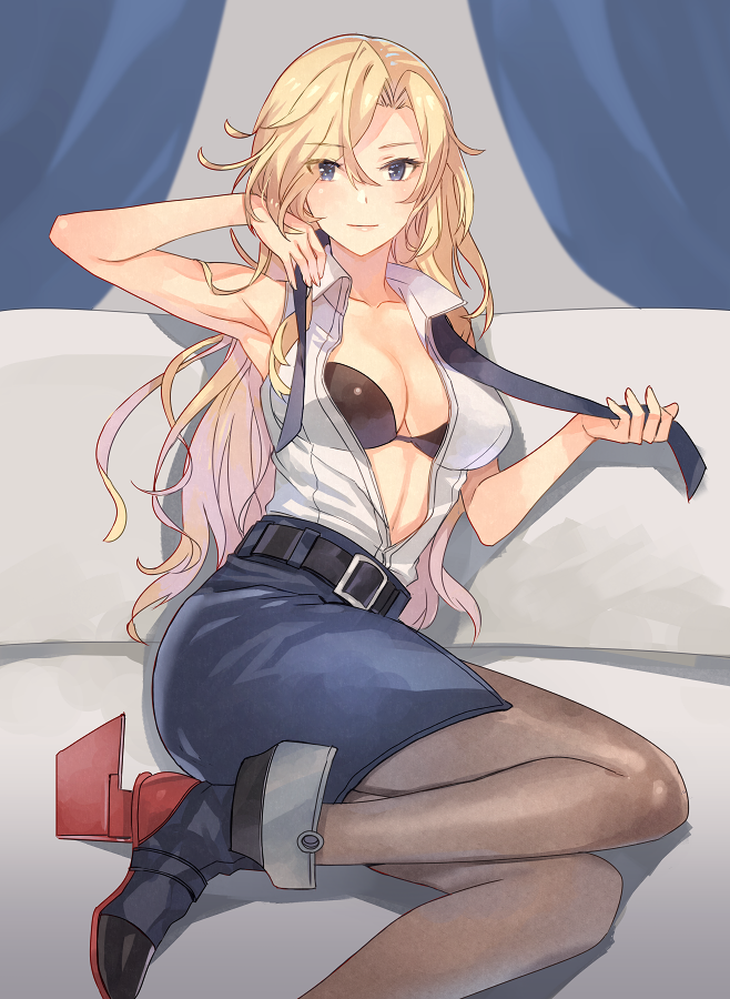 1girl armpits belt belt_buckle black_belt black_bra black_legwear black_skirt blonde_hair blue_eyes bra breasts buckle closed_mouth collarbone collared_shirt eyebrows_visible_through_hair hornet_(kantai_collection) kantai_collection kasumi_(skchkko) large_breasts light_smile long_hair open_clothes open_shirt pantyhose pencil_skirt rudder_footwear shirt skirt sleeveless sleeveless_shirt solo underwear wavy_hair white_shirt