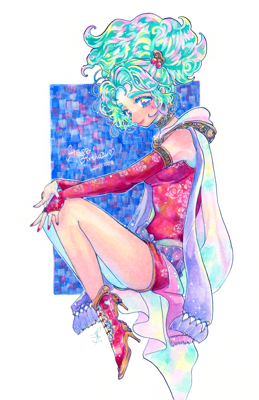 1girl aqua_hair blue_eyes breasts dress fetal_position final_fantasy final_fantasy_vi floating highres looking_at_viewer looking_to_the_side red_dress red_nails small_breasts solo tina_branford traditional_media yqbae