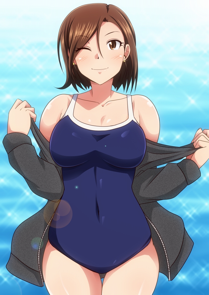 1girl black_jacket blue_background blue_swimsuit breasts brown_eyes brown_hair covered_navel cowboy_shot hair_between_eyes hair_over_one_eye idolmaster idolmaster_cinderella_girls idolmaster_million_live! impossible_clothes jacket lens_flare medium_breasts mizuki_seira one-piece_swimsuit one_eye_closed removing_jacket simple_background smile solo standing swimsuit tanuki_(metaltanuki) water