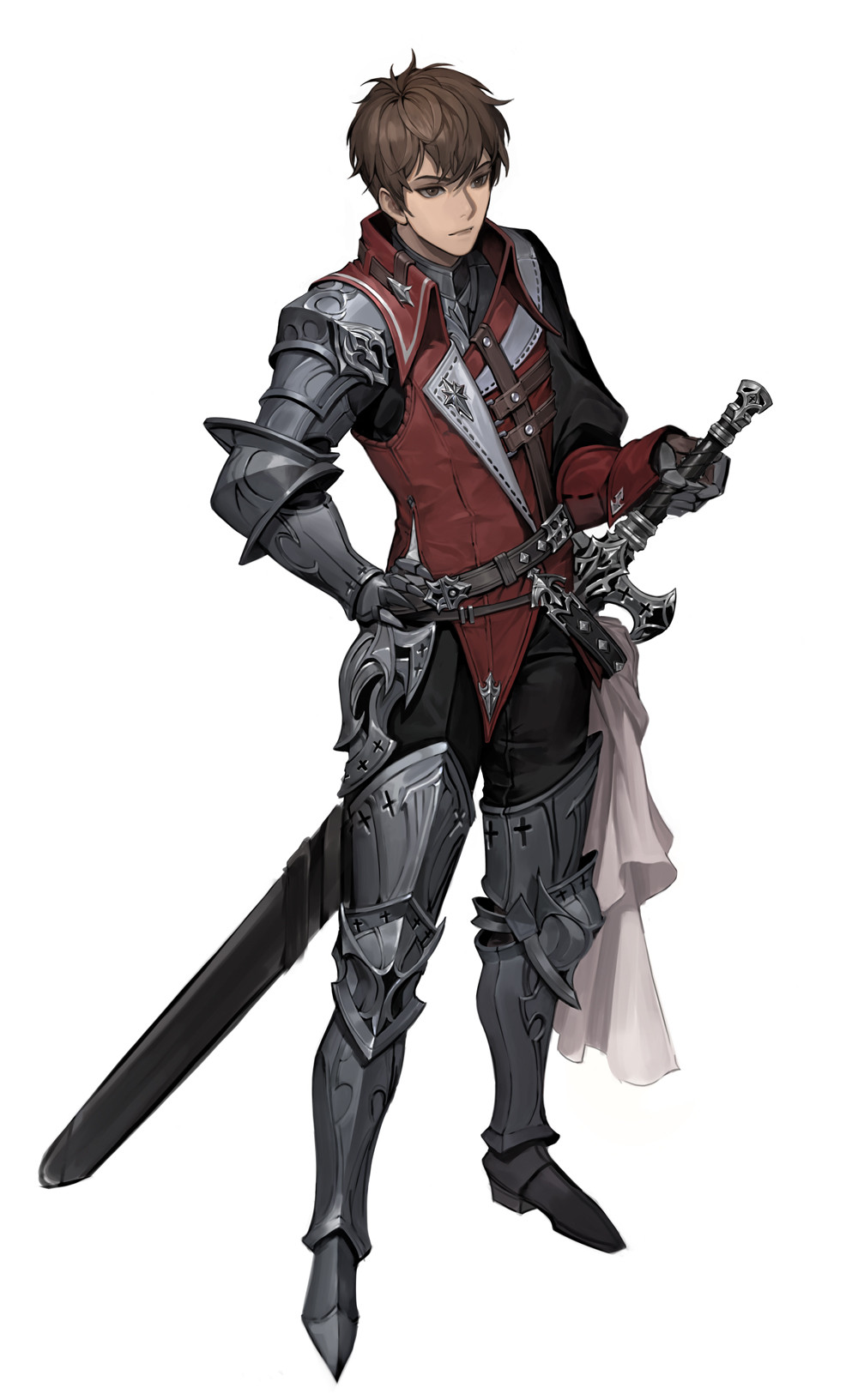 1boy armor belt breastplate brown_eyes brown_hair clawed_gauntlets closed_mouth concept_art dermiss fantasy gauntlets greaves hair_between_eyes hand_on_hip highres knight male_focus original pauldrons scabbard sheath shoulder_armor simple_background single_pauldron solo standing sword vambraces weapon white_background