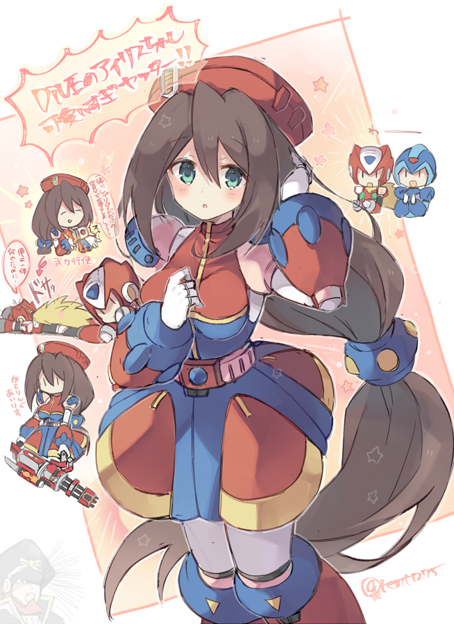 1girl android beret blush breasts brown_hair chibi dress green_eyes gun hair_between_eyes hands_in_hair hat holding holding_weapon iris_(rockman_x) large_breasts long_hair low-tied_long_hair machine_gun military_hat open_mouth rento_(rukeai) rockman rockman_x rockman_x_dive simple_background smile solo_focus translation_request very_long_hair weapon x_(rockman) zero_(rockman)