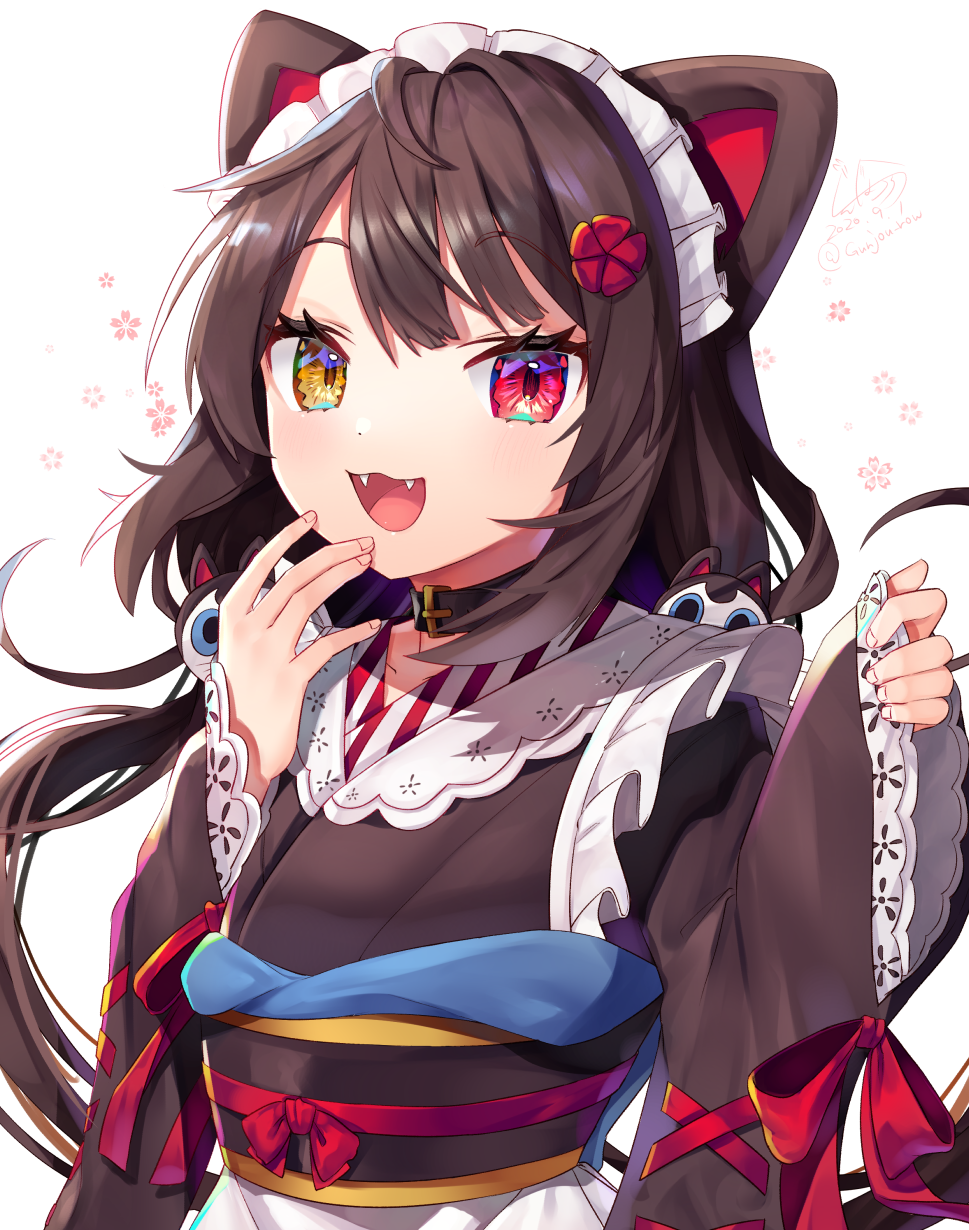 1girl :d animal_ears arms_up brown_hair choker commentary_request dog_ears fangs fingernails flower gunjou_row hair_flower hair_ornament hand_on_own_chin heterochromia highres inui_toko long_hair looking_at_viewer low_twintails maid_headdress nijisanji obi open_mouth red_eyes sash simple_background sleeve_hold sleeves_past_wrists smile solo standing twintails upper_body virtual_youtuber wa_maid white_background yellow_eyes