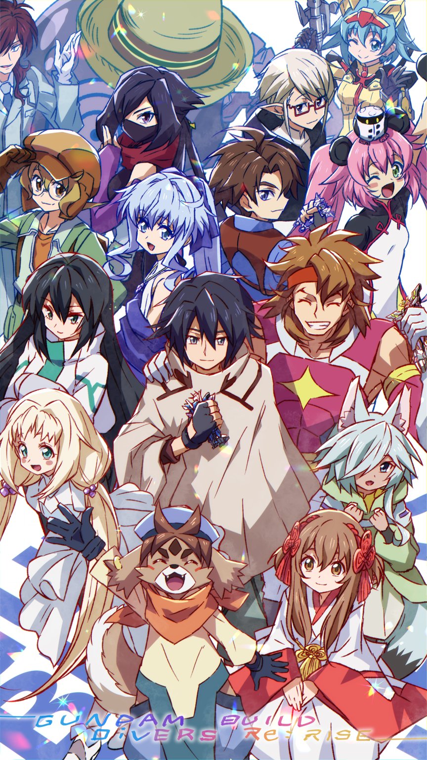 6+girls animal_ears ayame_(gundam_build_divers) blonde_hair blue_eyes blue_hair brown_hair cloak commentary copyright_name dog_ears earthree_gundam eve_(gundam_build_divers_re:rise) everyone fox_ears freddie_(gundam_build_divers_re:rise) furry glasses gundam gundam_00_sky_moebius gundam_aegis_knight gundam_build_divers gundam_build_divers_re:rise gunpla hat hidaka_yukio highres holding holding_toy kingin kuga_hiroto long_hair may_(gundam_build_divers_re:rise) mikami_riku momo_(gundam_build_divers) momokapool mukai_hinata multiple_girls nami_(gundam_build_divers) nanase_kouichi nanase_nanami_(gundam_build_divers) ninja_mask one-eyes_(gundam_build_divers_re:rise) one_eye_closed parviz_(gundam_build_divers_re:rise) patrick_colasour ponytail robot sara_(gundam_build_divers) sombrero torimachi_kazami toy twintails very_long_hair violet_eyes white_hair yashiro_momoka