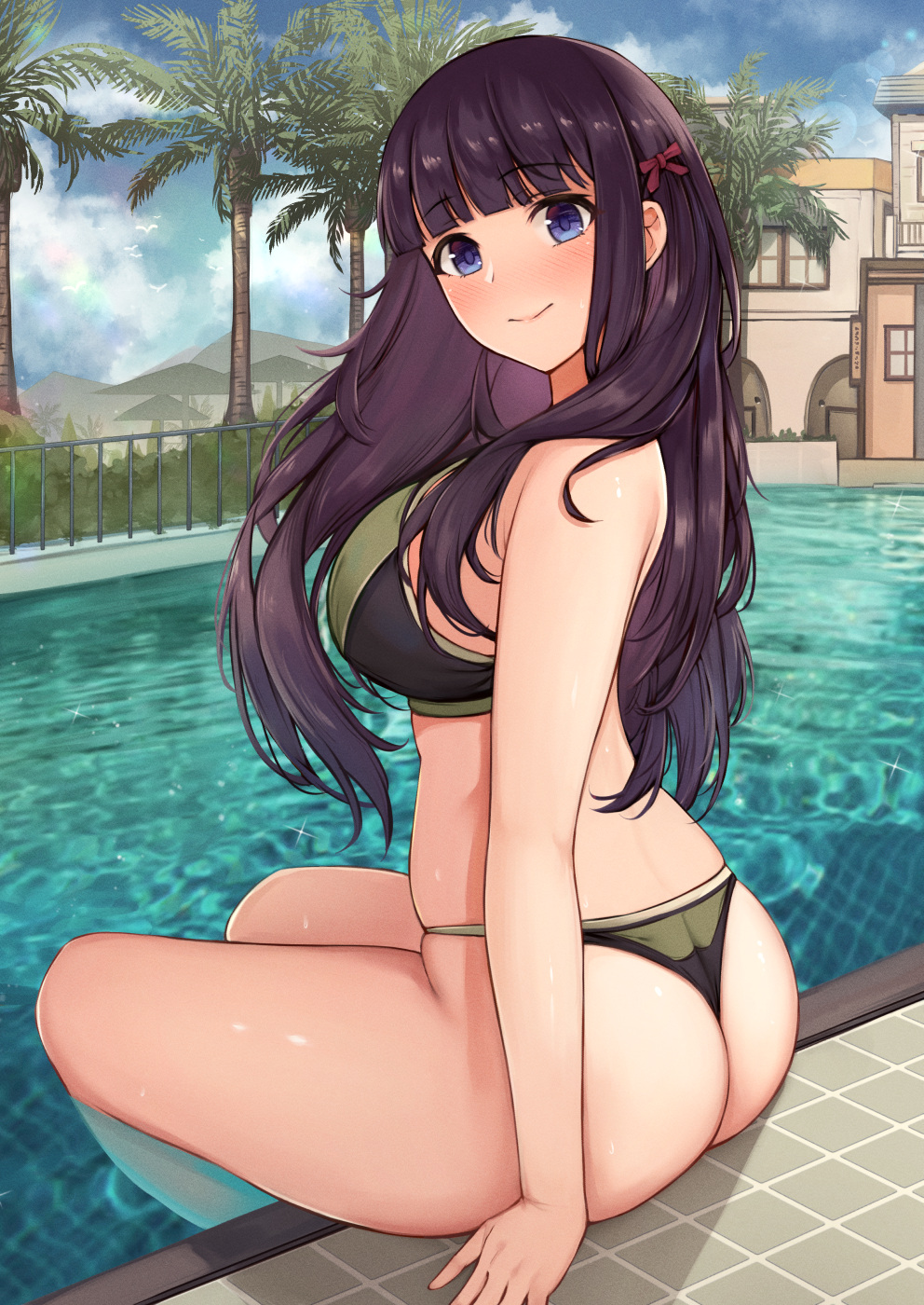 1girl ass bangs bikini blue_eyes blunt_bangs blush bow breasts commentary_request eyebrows_visible_through_hair fou_zi from_side green_bikini hair_bow highres kasumi_(princess_connect!) large_breasts long_hair looking_at_viewer older outdoors pool poolside princess_connect! princess_connect!_re:dive purple_hair revision sidelocks smile soaking_feet solo swimsuit thong thong_bikini tile_floor tiles