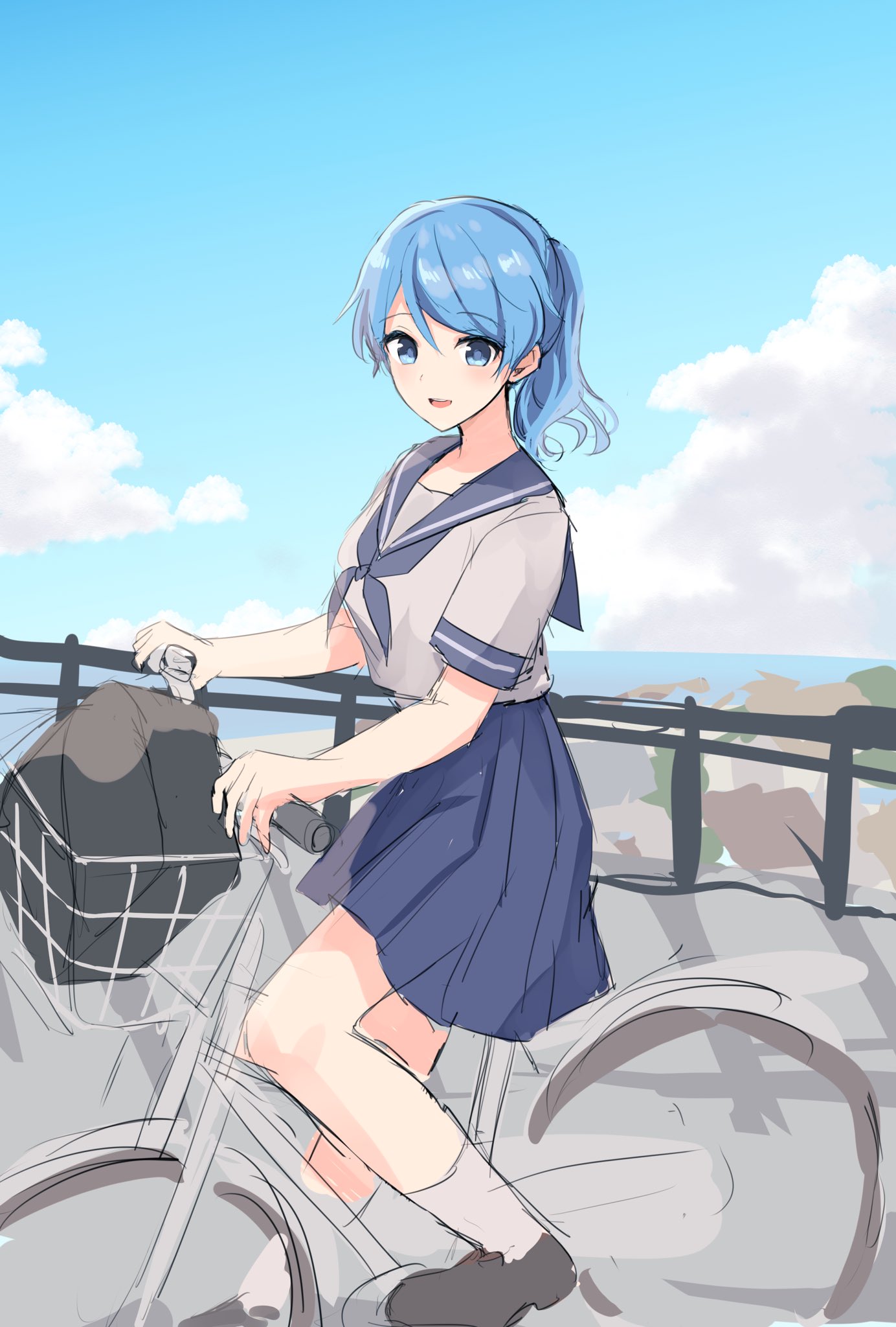 1girl alternate_costume alternate_hairstyle bangs bicycle blue_eyes blue_hair blue_sailor_collar blue_skirt blush breasts clouds commentary_request day eyebrows_visible_through_hair ground_vehicle highres kantai_collection kneehighs open_mouth outdoors ponytail riding_bicycle sailor_collar school_uniform senbei_(senbe_i) serafuku short_sleeves skirt sky solo urakaze_(kantai_collection) white_legwear