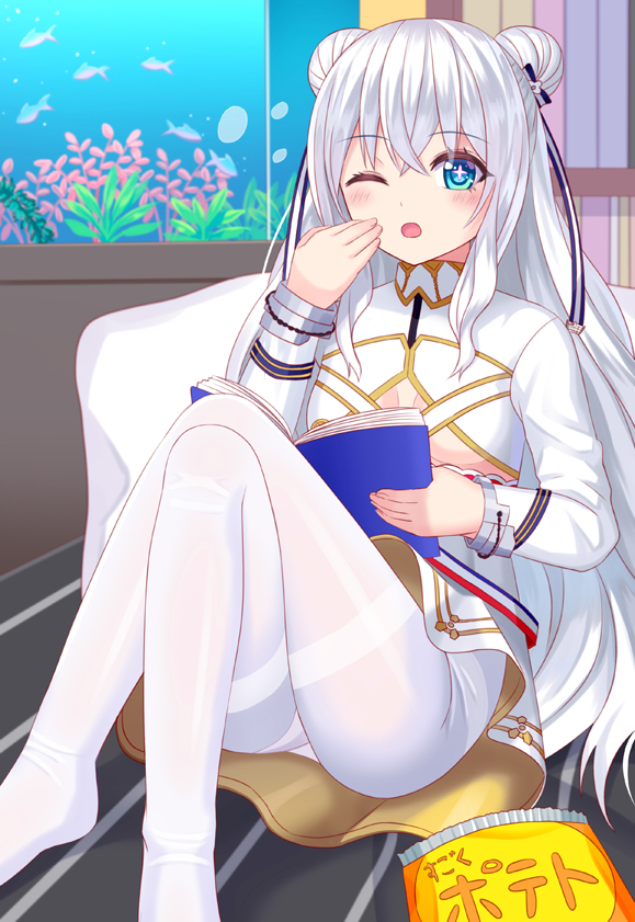 +_+ 1girl ;o air_bubble ass azur_lane bangs bed blue_eyes blush book breasts bubble chips commentary_request crossed_legs double_bun dress eyebrows_visible_through_hair fish fish_tank food glass hair_between_eyes hair_ribbon hand_to_own_mouth hand_up holding holding_book knees_up le_malin_(azur_lane) long_hair long_sleeves looking_at_viewer no_shoes on_bed one_eye_closed pantyhose plant potato_chips revision ribbon sidelocks silver_hair sitting small_breasts solo symbol-shaped_pupils thighband_pantyhose tukino_neru under_boob underboob_cutout very_long_hair water white_dress white_legwear yawning