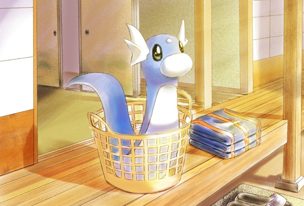 black_eyes clothes commentary_request dratini erushiza gen_1_pokemon in_basket lance_(pokemon) laundry_basket no_humans pillar pokemon pokemon_(creature) shadow slippers