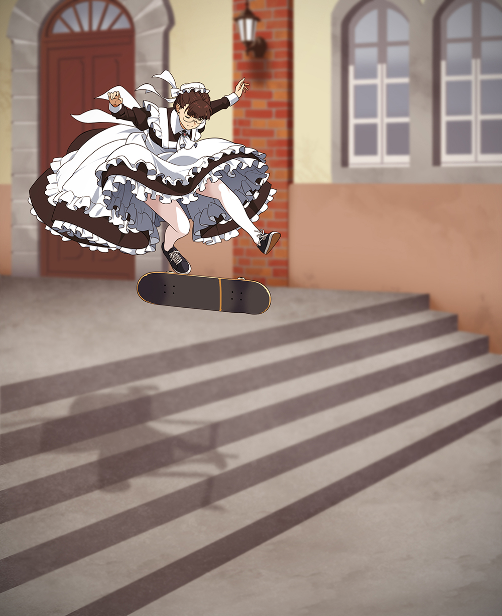 1girl apron black_footwear brown_hair dress frilled_dress frills highres maid maid_apron maid_headdress midair original pantyhose shadow shoes short_hair skateboard skateboarding sneakers solo stairs suzushiro_(suzushiro333) white_legwear