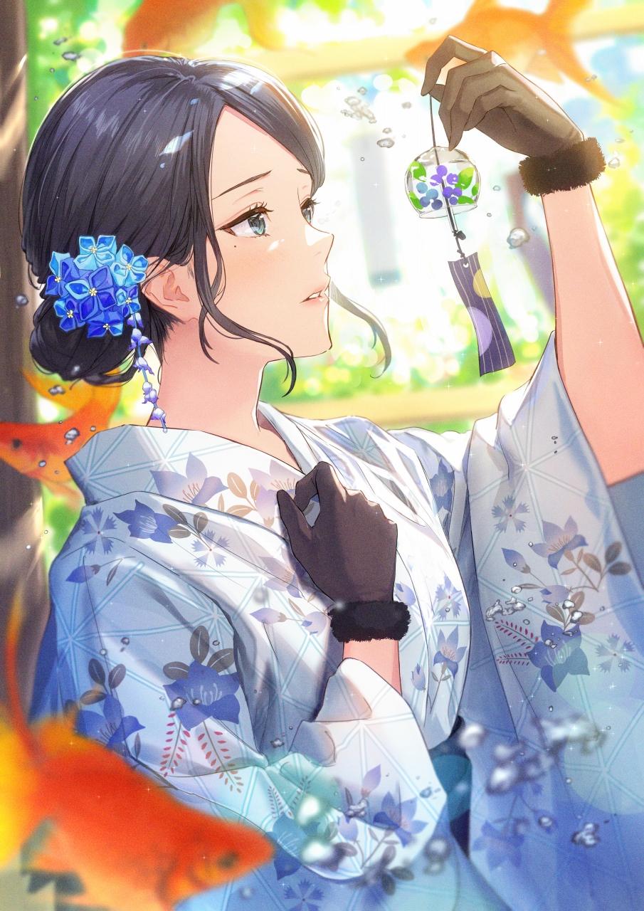 1girl air_bubble animal black_gloves black_hair blue_eyes blurry blush breasts bubble commentary_request day depth_of_field eyelashes fish floral_print flower from_side fur-trimmed_gloves fur_trim gloves goldfish hair_flower hair_ornament hand_on_own_chest hand_up haru_(hiyori-kohal) highres holding japanese_clothes kimono long_sleeves mole mole_under_eye nihongami original parted_lips side_bun sidelocks solo submerged surreal symbol_commentary upper_body wind_chime