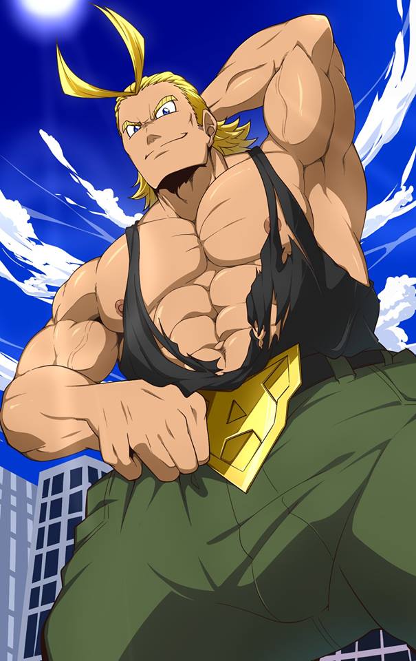 1boy abs all_might antenna_hair armpits bara blonde_hair blue_eyes boku_no_hero_academia bulge chest giant grin hair_slicked_back hand_behind_head kuroshinki looking_at_viewer male_focus muscle navel nipples pectorals smile solo torn_tank_top upper_body