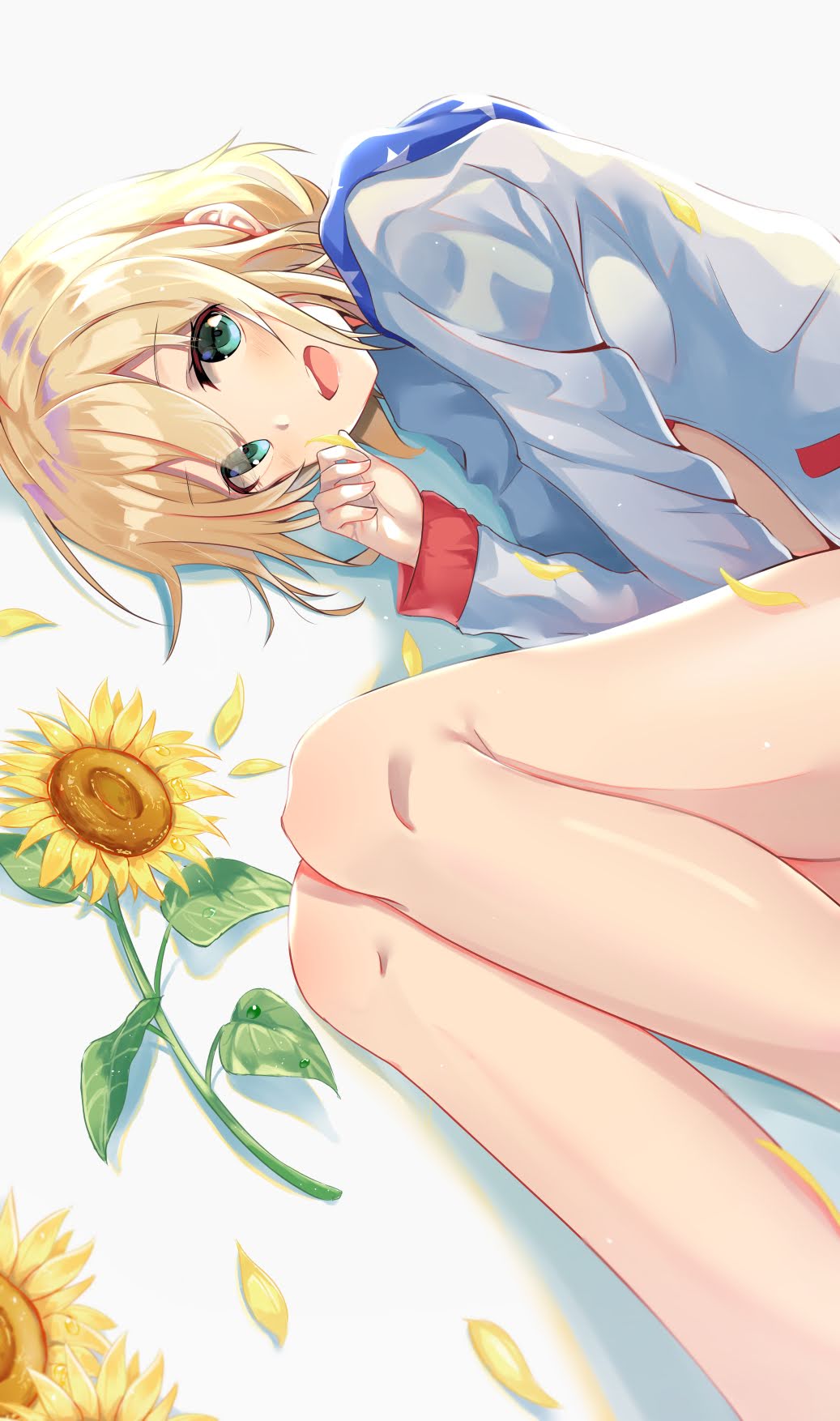 1girl american_flag american_flag_print bangs bare_legs blonde_hair cac_itinose flag_print flower green_eyes highres hood hooded_jacket hoodie jacket kanojo_okarishimasu looking_at_viewer nanami_mami open_mouth petals resting short_hair solo sunflower water_drop white_hoodie