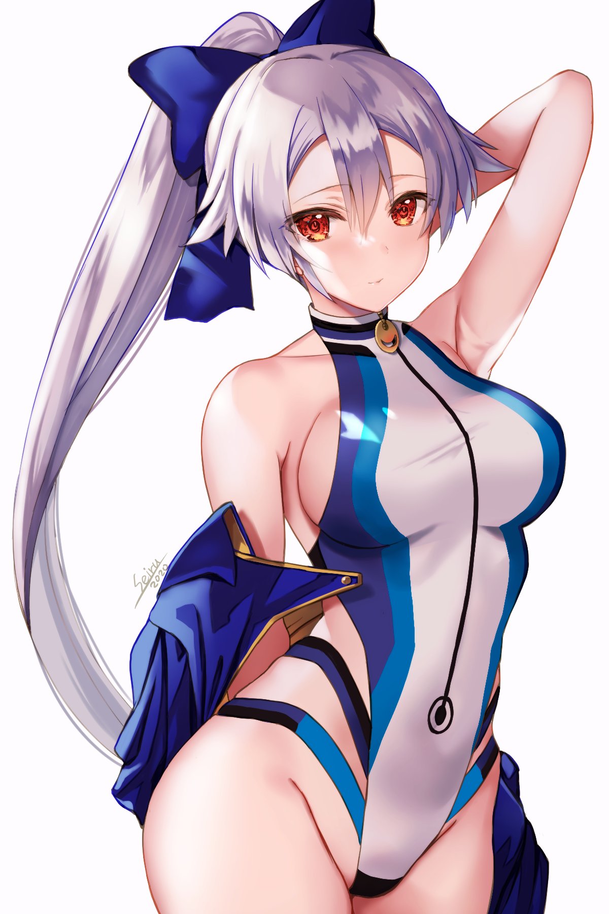 1girl arm_behind_head arm_up bangs blue_bow blue_jacket blue_swimsuit blush bow breasts closed_mouth fate/grand_order fate_(series) hair_between_eyes hair_bow highleg highleg_swimsuit highres hijiri_ruka jacket large_breasts long_hair looking_at_viewer off_shoulder one-piece_swimsuit ponytail red_eyes short_sleeves silver_hair simple_background swimsuit thighs tomoe_gozen_(fate/grand_order) tomoe_gozen_(swimsuit_saber)_(fate) two-tone_swimsuit white_background white_swimsuit