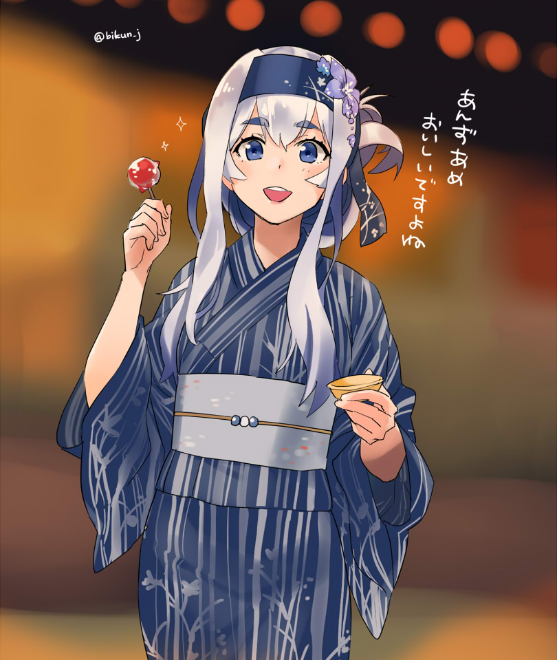 1girl blue_eyes blue_headband blue_kimono candy_apple commentary_request cowboy_shot folded_ponytail food furufuru_fugu headband japanese_clothes kamoi_(kantai_collection) kantai_collection kimono looking_at_viewer official_alternate_costume sidelocks solo striped striped_kimono translation_request white_hair yukata