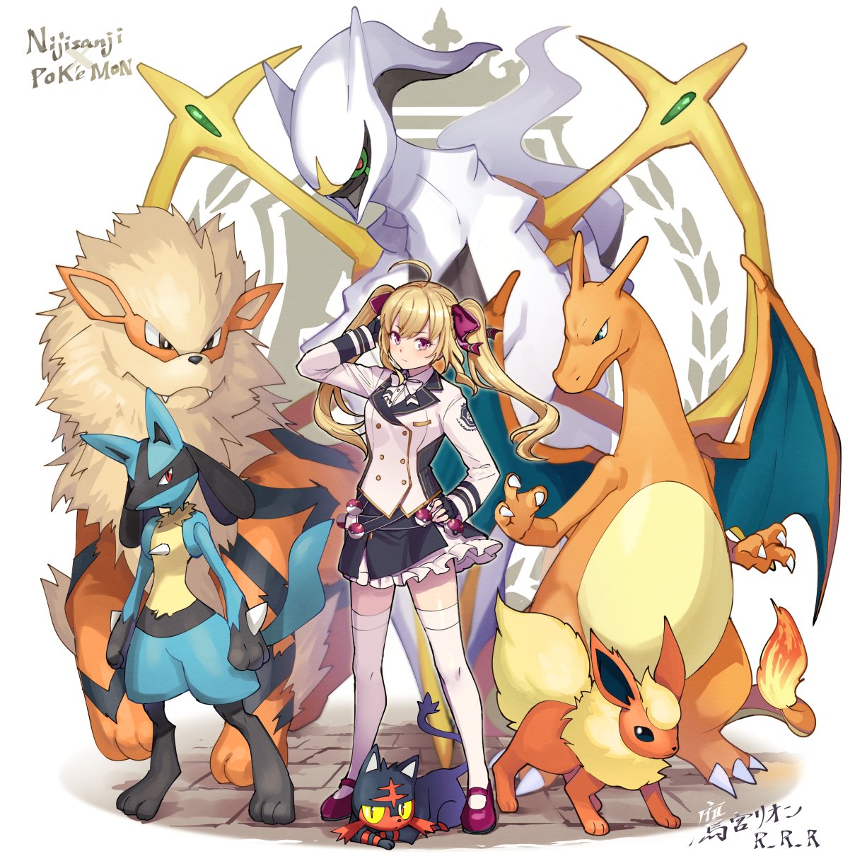 1girl ahoge arceus black_gloves black_skirt blazer blonde_hair bow bowtie breasts charizard closed_mouth commentary copyright_name crossover double-breasted expressionless eyebrows_visible_through_hair fingerless_gloves flareon frilled_skirt frills full_body gen_1_pokemon gen_4_pokemon gen_7_pokemon gloves growlithe hand_in_hair hand_on_hip highres jacket litten long_hair looking_at_viewer lucario medium_breasts miniskirt mythical_pokemon nijisanji ogamikeito poke_ball pokemon pokemon_(creature) pokemon_(game) red_footwear school_uniform shirt shoes simple_background skirt standing takamiya_rion thigh-highs thighs twintails uniform violet_eyes virtual_youtuber white_background white_jacket white_legwear white_neckwear white_shirt zettai_ryouiki