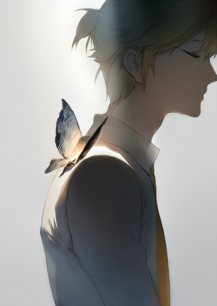 1boy ashorz backlighting blonde_hair bug butterfly butterfly_on_shoulder closed_eyes collared_shirt eyelashes grey_background insect kagamine_len long_sleeves male_focus necktie parted_lips profile shirt solo upper_body vocaloid white_shirt yellow_neckwear