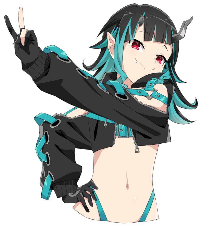 1girl akitetsu bangs belt beltbra black_gloves black_hair black_jacket blue_belt blue_hair blue_panties chest_belt closed_mouth clothing_cutout commentary_request cropped_jacket cross-laced_sleeves demon_girl demon_horns eyebrows_visible_through_hair fang flat_chest gloves hand_in_hair highleg highleg_panties horns jacket long_hair long_sleeves looking_at_viewer midriff multicolored_hair navel open_clothes open_jacket panties partially_fingerless_gloves pointy_ears red_eyes shishio_chris shoulder_cutout simple_background smile solo sugar_lyric transparent_background two-tone_hair underwear upper_body v virtual_youtuber