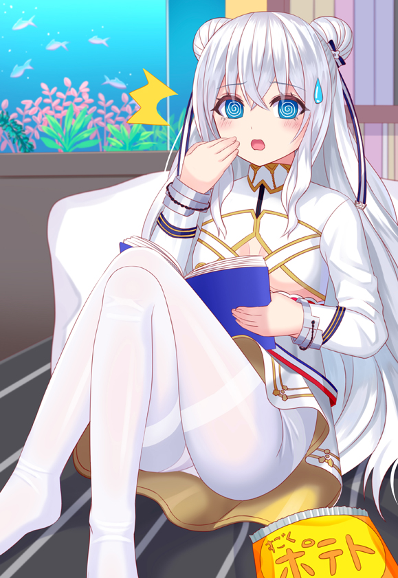 +_+ /\/\/\ 1girl @_@ air_bubble ass azur_lane bangs bed blue_eyes blush book breasts bubble chips crossed_legs double_bun dress eyebrows_visible_through_hair fish fish_tank food glass hair_between_eyes hair_ribbon hand_to_own_mouth hand_up holding holding_book knees_up le_malin_(azur_lane) long_hair long_sleeves looking_at_viewer no_shoes on_bed open_mouth pantyhose plant potato_chips revision ribbon sidelocks silver_hair sitting small_breasts solo sweatdrop symbol-shaped_pupils thighband_pantyhose tukino_neru under_boob underboob_cutout very_long_hair water white_dress white_legwear