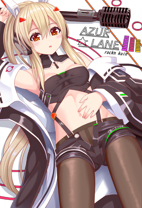 1girl arm_up ayanami_(azur_lane) ayanami_(rock'n_kijin)_(azur_lane) azur_lane bangs bare_shoulders black_jacket black_shorts blush breasts brown_eyes brown_legwear commentary_request copyright_name crop_top eyebrows_visible_through_hair hair_between_eyes headgear high_ponytail jacket legwear_under_shorts light_brown_hair long_hair long_sleeves looking_at_viewer microphone microphone_stand midriff navel off_shoulder open_clothes open_fly open_jacket open_shorts pantyhose parted_lips photoshop_(medium) ponytail revision shadow short_shorts shorts small_breasts solo star_(symbol) tukino_neru very_long_hair wide_sleeves