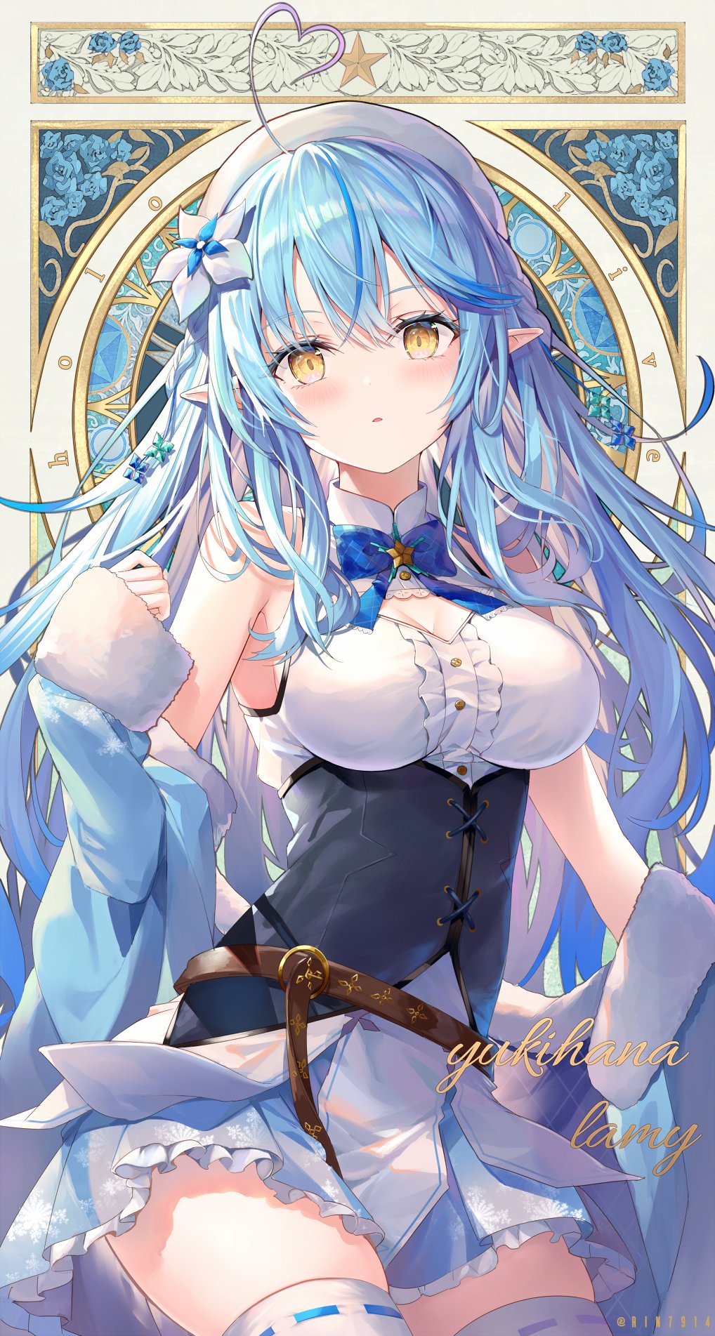 1girl ahoge bangs bare_shoulders beret blue_hair blush breasts elf eyebrows_visible_through_hair flower fur_trim hair_between_eyes hair_flower hair_ornament hat highres hololive large_breasts long_hair looking_at_viewer off_shoulder parted_lips pointy_ears rin_yuu sleeveless smile solo virtual_youtuber yellow_eyes yukihana_lamy