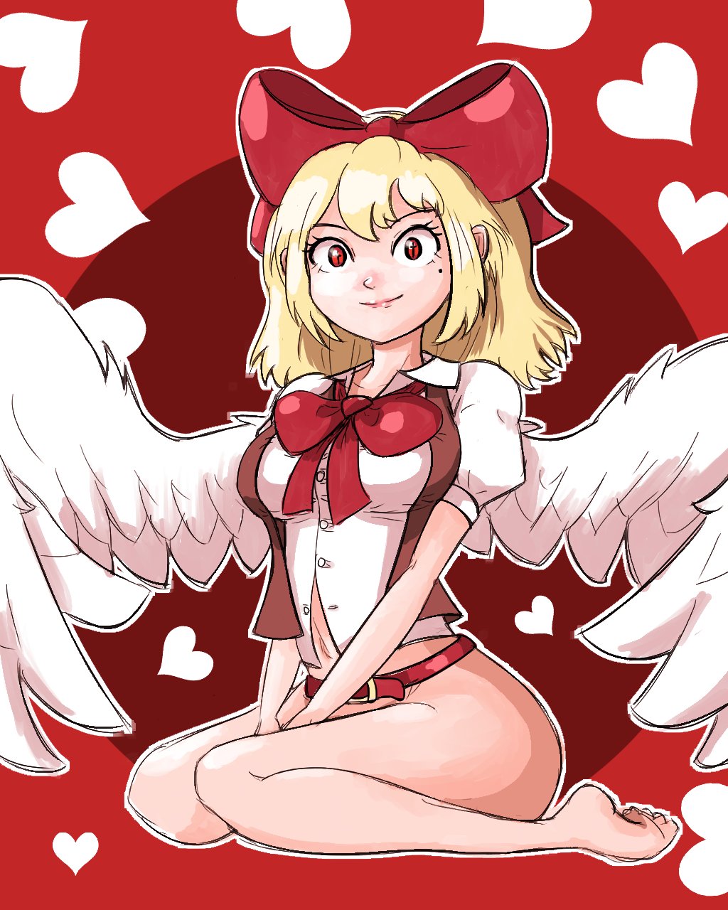 1girl aksawshin angel_wings ass bare_legs barefoot belt blonde_hair bow bowtie dress gengetsu_(touhou) hair_bow hat heart highres lips long_hair long_sleeves maid_headdress mole navel no_panties no_pants open_clothes red_background red_bow red_eyes ribbon short_hair slit_pupils smile solo touhou vest wings