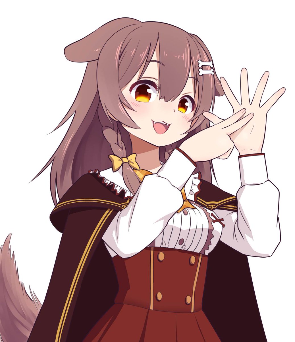 1girl :3 :d animal_ears bangs blush bone_hair_ornament braid brown_eyes brown_hair buttons cape cartoon_bone dog_ears dog_girl dog_tail eyebrows_visible_through_hair fangs fingers hair_between_eyes hair_down hair_ornament hair_ribbon hairclip high-waist_skirt highres hololive inugami_korone long_hair long_sleeves looking_at_viewer open_mouth raised_eyebrows red_skirt ribbon shirt side_braid side_braids simple_background skirt smile solo sugyon tail twin_braids upper_body virtual_youtuber white_background white_shirt yellow_ribbon