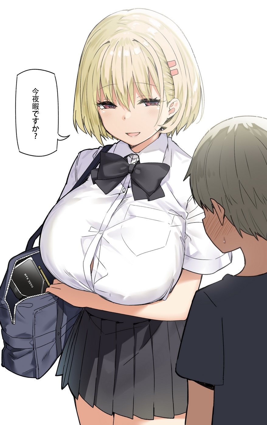 1boy 1girl age_difference bag bangs black_neckwear blonde_hair blush breasts brown_eyes buttons commentary full-face_blush hair_ornament hairclip hairclip_onee-san_(sky_(freedom)) highres huge_breasts nvidia open_mouth original school_bag school_uniform shirt short_hair shota skirt sky_(freedom) sweatdrop translation_request video_card white_shirt