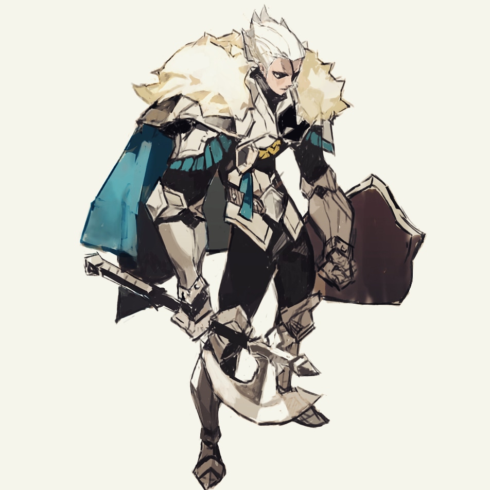 1boy armor axe beige_background black_sclera blue_cape cape closed_mouth crystal_hearts eyepatch fur_trim gauntlets greaves hair_slicked_back holding holding_axe holding_weapon male_focus pauldrons shield shoulder_armor simple_background sketch solo standing tsubaki38157877 vambraces weapon white_hair yellow_eyes