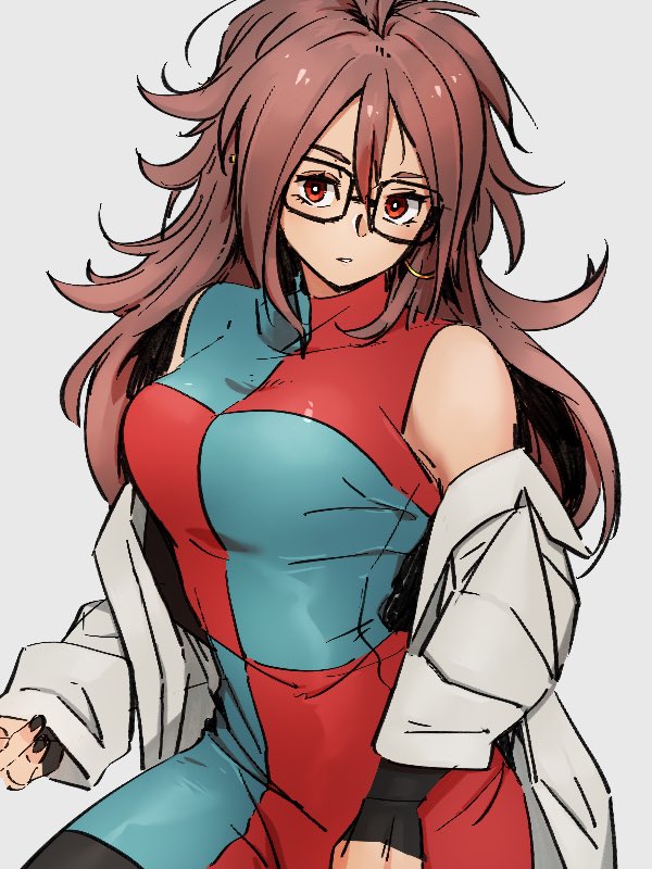 1girl android_21 black-framed_eyewear breasts brown_hair checkered checkered_dress dragon_ball dragon_ball_fighterz dress earrings glasses grey_background hair_between_eyes hoop_earrings jewelry kemachiku labcoat long_hair looking_at_viewer medium_breasts red_eyes simple_background solo