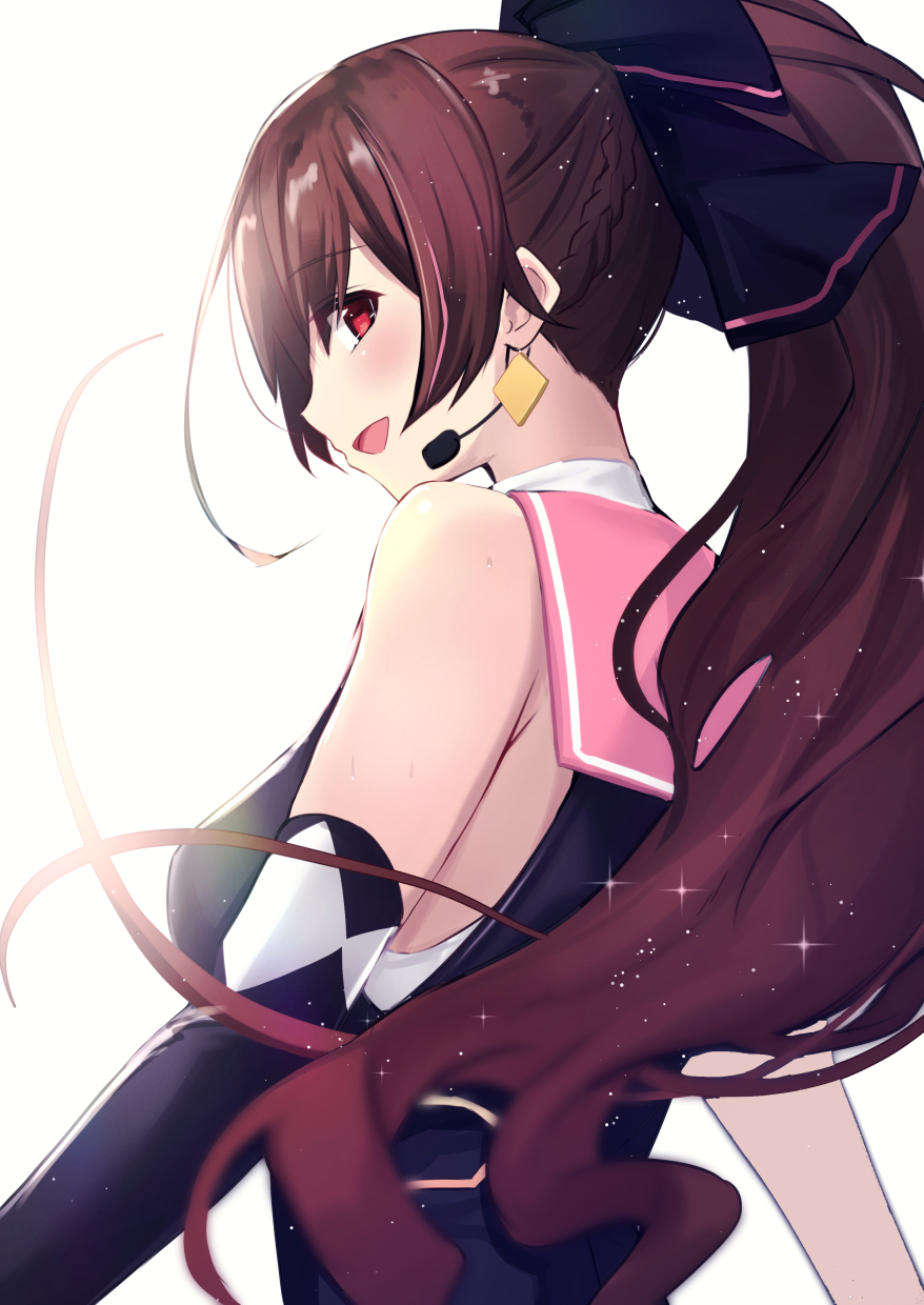 .live 1girl bangs bare_shoulders blush braid breasts brown_hair detached_sleeves from_behind hair_between_eyes hair_ribbon headset highres idol long_hair looking_at_viewer looking_back medium_breasts open_mouth ponytail red_eyes ribbon simple_background smile solo untue upper_body very_long_hair virtual_youtuber white_background yaezawa_natori