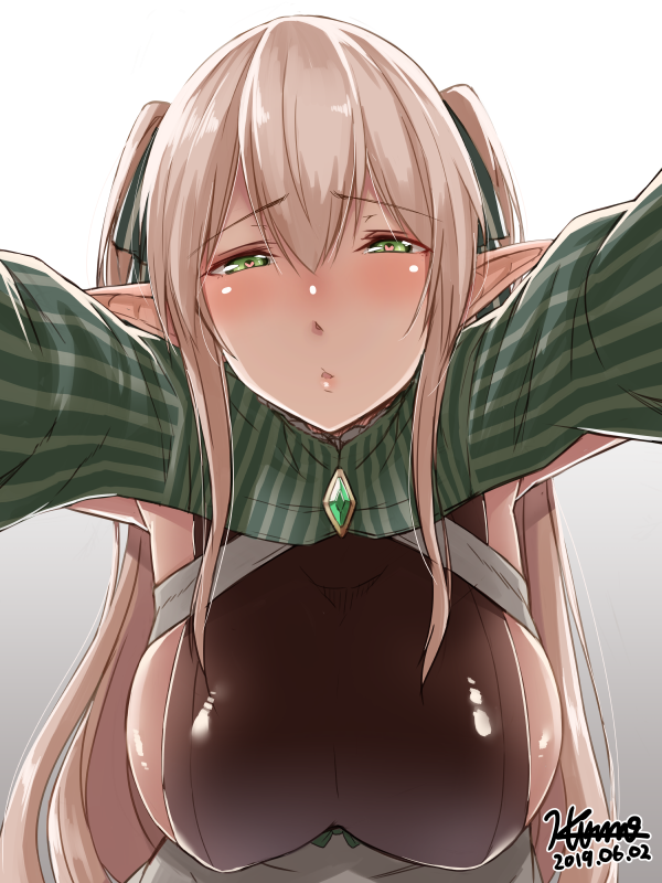 1girl bangs blush breasts emerald_(gemstone) eyebrows_visible_through_hair green_eyes hair_ribbon half-closed_eyes heart heart-shaped_pupils hiruno jewelry large_breasts long_hair looking_at_viewer original parted_lips pendant pov reaching_out ribbon solo symbol-shaped_pupils twintails