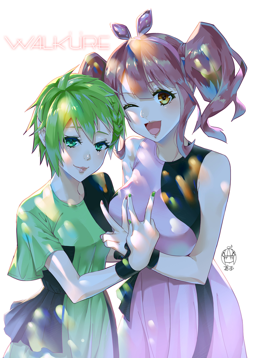 2girls blue_eyes breasts brown_eyes flat_chest ge_xi green_hair hairband highres large_breasts looking_at_viewer macross macross_delta makina_nakajima medium_hair multiple_girls one_eye_closed open_mouth pink_hair pointy_ears reina_prowler short_hair smile thick_lips twintails walkure_(macross_delta)