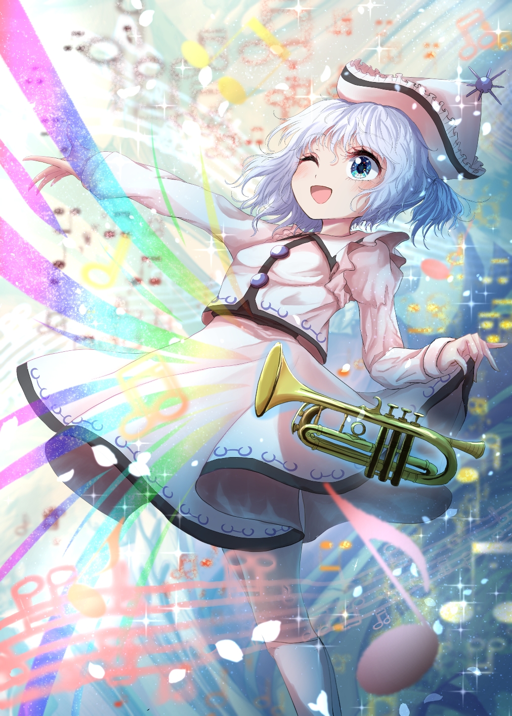 1girl ;d abstract_background beamed_eighth_notes blue_eyes blurry blurry_background commentary_request cropped_legs eighth_note floating hat highres instrument juliet_sleeves kayon_(touzoku) leaning_back levitation lifted_by_self light_blue_hair long_sleeves looking_up merlin_prismriver musical_note one_eye_closed one_side_up open_mouth outstretched_arm pink_headwear pink_shirt pink_skirt puffy_sleeves quarter_note shirt skirt skirt_lift smile solo sparkle staff_(music) sun_(symbol) touhou trumpet