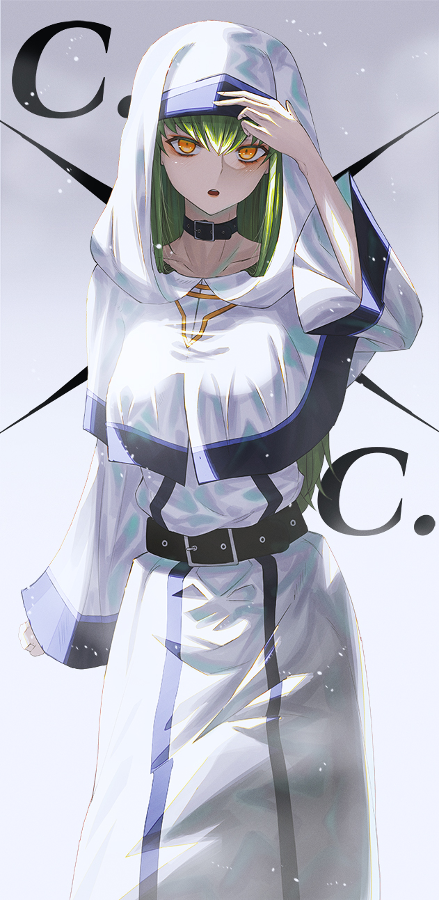 1girl c.c. capelet character_name code_geass collar collarbone dress green_hair harukaze_(rori_0826) highres hood hood_up hooded_capelet long_hair long_sleeves looking_at_viewer open_mouth shiny shiny_hair solo standing straight_hair very_long_hair white_capelet white_dress yellow_eyes