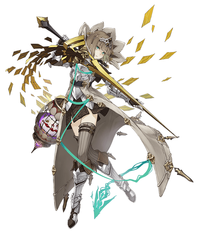 1girl aqua_eyes armored_boots birdcage boots breastplate brown_hair cage eyebrows_visible_through_hair full_body gauntlets gretel_(sinoalice) hansel_(sinoalice) ji_no long_coat looking_at_viewer official_art sinoalice solo sword thigh-highs tiara transparent_background weapon