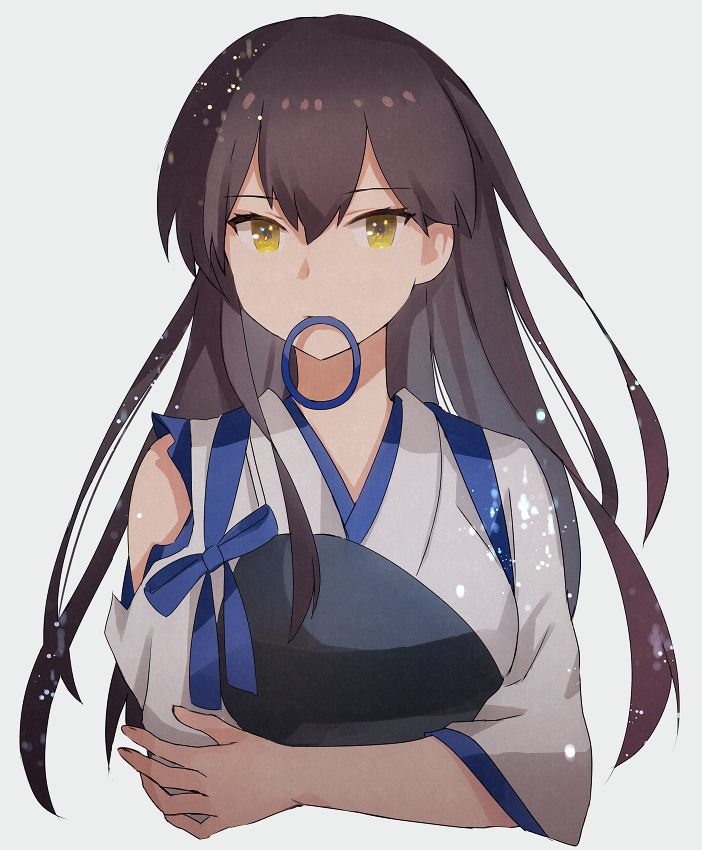 1girl brown_eyes brown_hair eyebrows_visible_through_hair grey_background hair_between_eyes hair_tie_in_mouth japanese_clothes kaga_(kantai_collection) kantai_collection kasumi_(skchkko) long_hair looking_at_viewer mouth_hold muneate remodel_(kantai_collection) simple_background solo tasuki torn_clothes upper_body