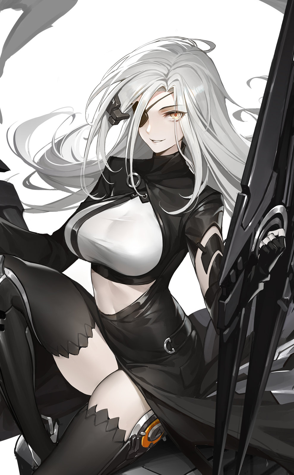 1girl alchemist_(girls_frontline) bangs black_gloves black_legwear breasts covered_navel eyepatch fingerless_gloves girls_frontline gloves highres large_breasts leg_up long_hair looking_at_viewer mosquito_coils official_art parted_bangs parted_lips sidelocks silver_hair simple_background sitting smile solo thigh-highs white_background white_skin yellow_eyes