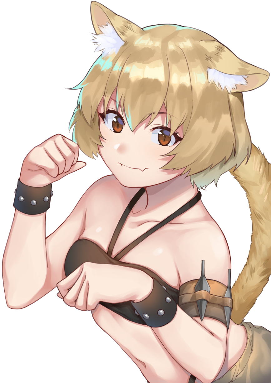 1girl :3 animal_ears bangs bare_shoulders blonde_hair breasts brown_eyes cat_ears cat_tail closed_mouth collarbone commentary_request fang fang_out halter_top halterneck hands_up highres imori_(lizzy) kemonomichi looking_at_viewer medium_breasts midriff misha_(kemonomichi) navel paw_pose short_hair simple_background skin_fang smile solo stomach tail upper_body white_background wristband
