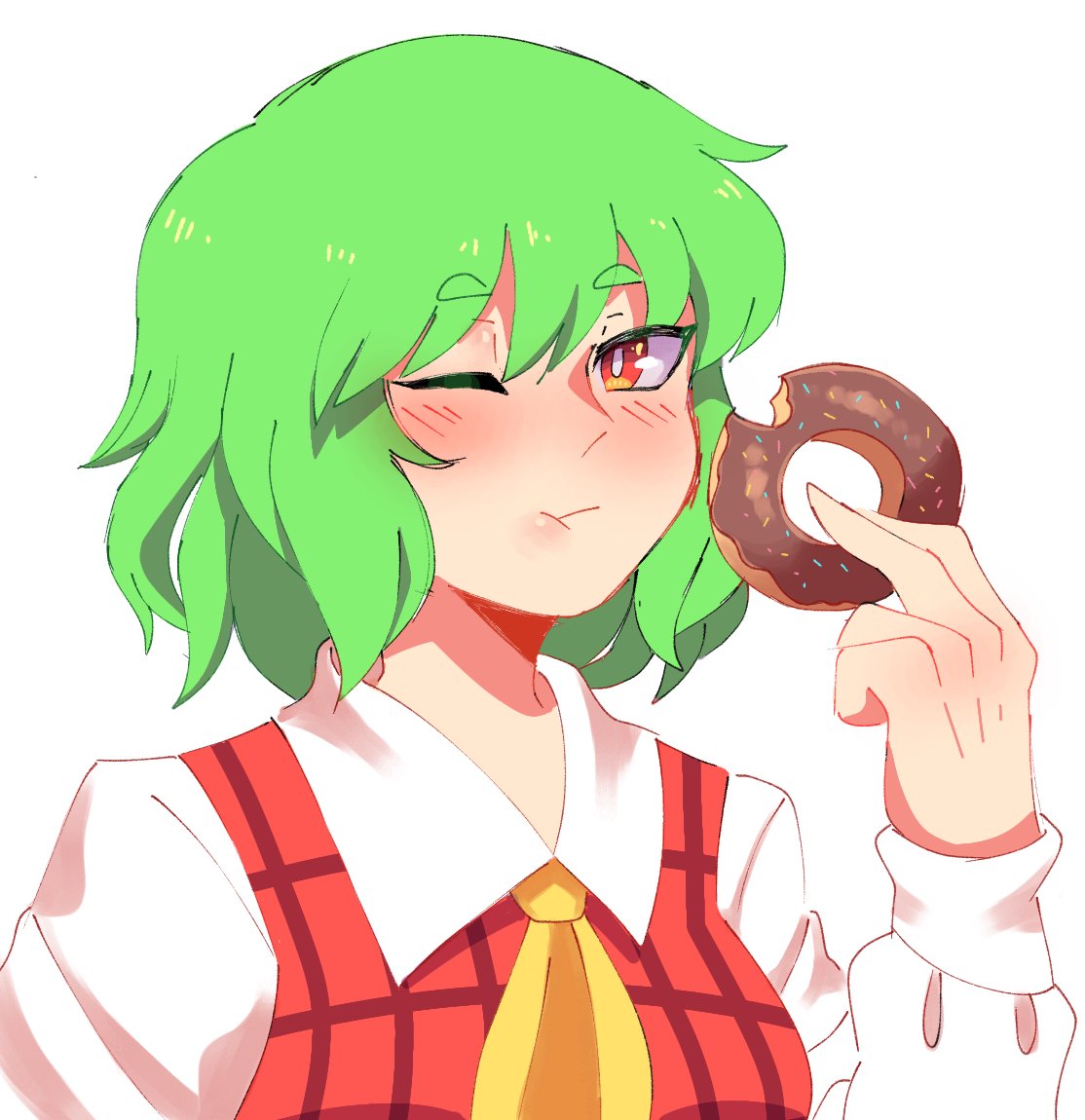 1girl ascot blush collared_shirt doughnut eating eyebrows_visible_through_hair food holding holding_food kazami_yuuka lanalopez92 long_sleeves looking_at_viewer one_eye_closed plaid plaid_vest portrait red_eyes shirt short_hair solo touhou vest white_background white_shirt yellow_neckwear