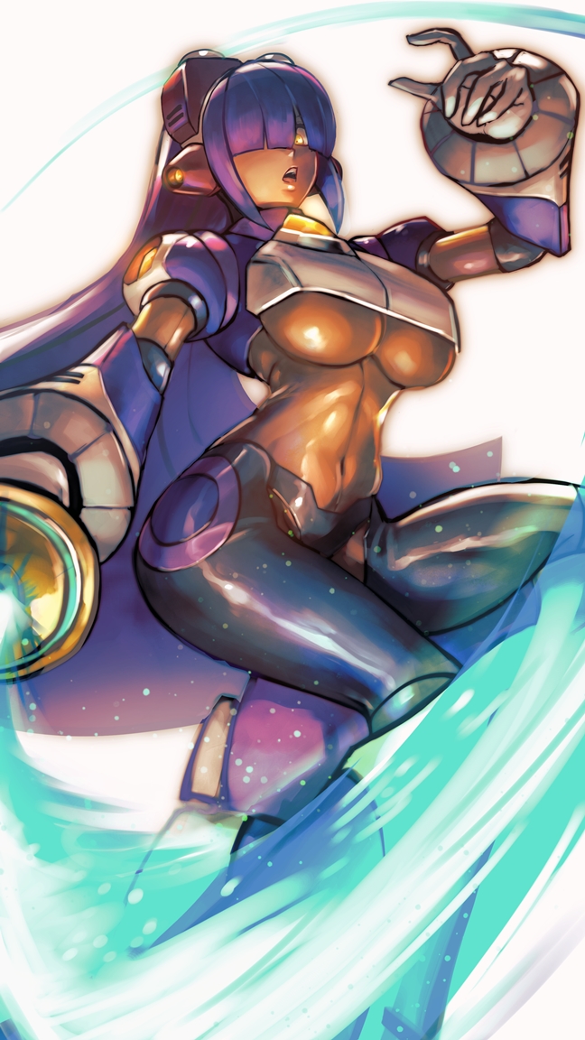1girl android bangs blunt_bangs breasts dark_skin dgrp_(minhduc12333) energy_blade energy_sword english_commentary hair_over_one_eye headgear hime_cut holding holding_weapon jumping large_breasts layer_(rockman) long_hair mole mole_under_eye navel open_mouth purple_hair robot_ears rockman rockman_x simple_background sword under_boob weapon