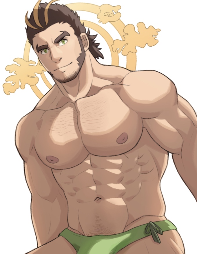 1boy abs bara black_hair blonde_hair body_hair briefs bulge chest chest_hair facial_hair hairy looking_at_viewer male_focus manly multicolored_hair muscle nipples pectorals solo streaked_hair thick_eyebrows thick_thighs thighs tokyo_houkago_summoners uiokv underwear yamasachihiko_(tokyo_houkago_summoners)