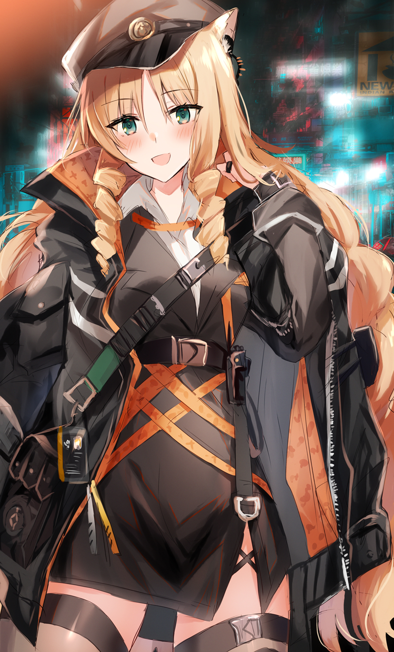 1girl :d animal_ears aqua_eyes arknights bag belt black_coat black_dress black_headwear coat collared_shirt cowboy_shot dress drill_hair hand_up hat highres kinona long_hair long_sleeves looking_at_viewer open_clothes open_coat open_mouth orange_hair peaked_cap shirt shoulder_bag smile solo standing swire_(arknights) thigh_strap tiger_ears twin_drills undershirt white_shirt