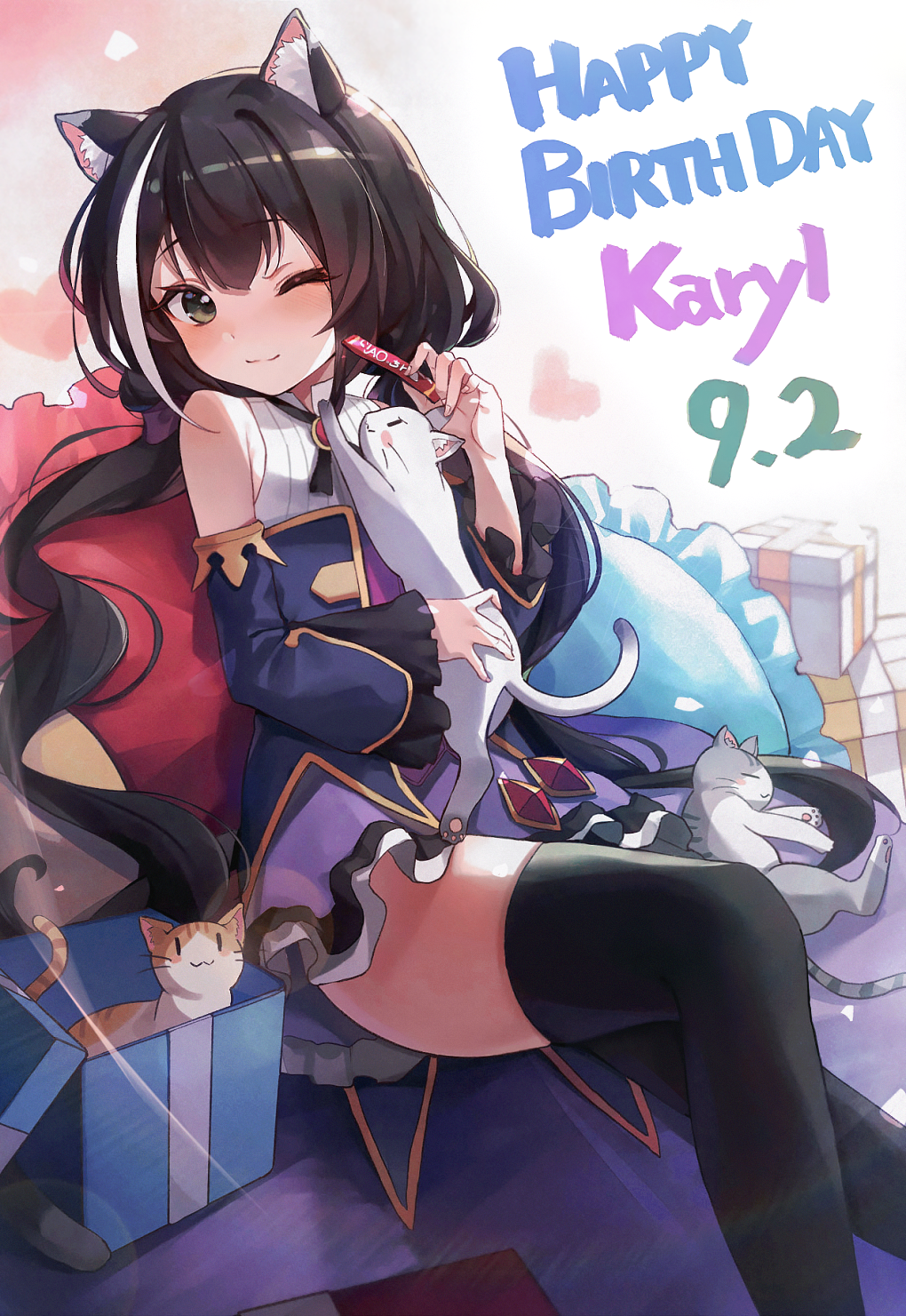 1girl animal_ear_fluff animal_ears birthday black_hair black_legwear blue_sleeves blush box cat cat_ears cat_girl cat_tail commentary_request detached_sleeves dress gift gift_box green_eyes happy_birthday highres jacket karyl_(princess_connect!) long_hair looking_at_viewer low_twintails lunia multicolored_hair one_eye_closed princess_connect! princess_connect!_re:dive purple_jacket sitting sleeveless sleeveless_dress solo tail thigh-highs twintails white_hair