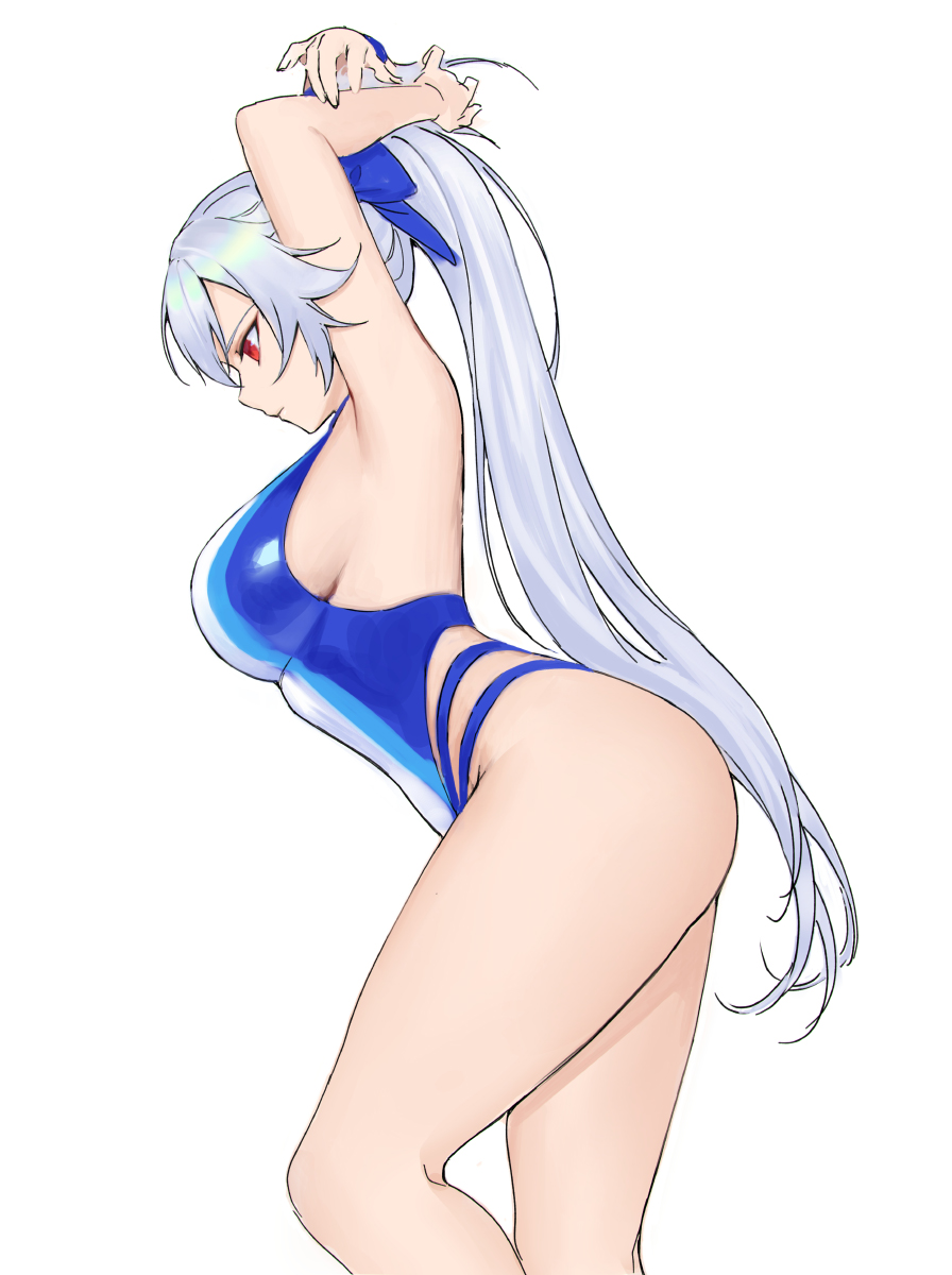1girl armpits arms_up bare_arms bare_shoulders blue_swimsuit bow breasts closed_mouth competition_swimsuit expressionless fate/grand_order fate_(series) from_side hair_bow highleg highleg_swimsuit highres large_breasts long_hair one-piece_swimsuit ponytail profile red_eyes silver_hair simple_background siun solo swimsuit thighs tomoe_gozen_(fate/grand_order) tomoe_gozen_(swimsuit_saber)_(fate) very_long_hair white_background