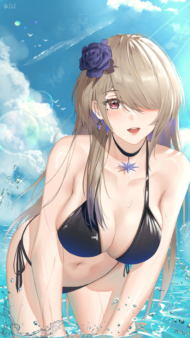 1girl bikini bird black_bikini black_choker blue_flower blue_rose blue_sky blush breasts brown_hair choker clouds commentary_request day earrings eleaaa flower hair_flower hair_ornament hair_over_one_eye honkai_(series) honkai_impact_3rd jewelry large_breasts leaning_forward long_hair looking_at_viewer mole mole_under_eye navel ocean open_mouth outdoors red_eyes rita_rossweisse rose seagull side-tie_bikini sky smile solo splashing sunlight swimsuit very_long_hair wading water water_drop wet