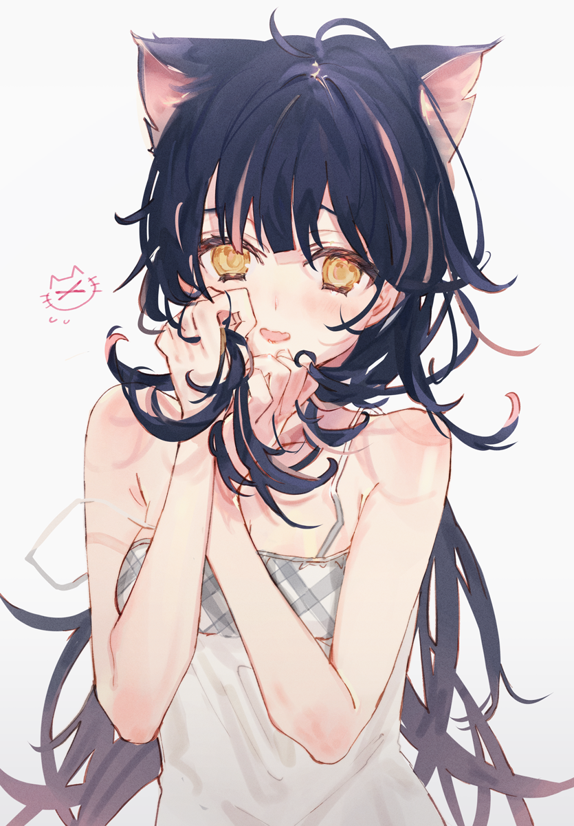1girl animal_ears bangs black_hair cat_ears hands_in_hair highres looking_at_viewer open_mouth original shia_job solo white_background yellow_eyes