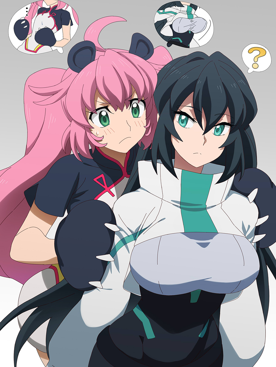 2girls ? animal_ears black_hair bodysuit bouncing_breasts breast_envy breasts fake_animal_ears flat_chest gloves gundam gundam_build_divers gundam_build_divers_re:rise highres holding_another's_arm large_breasts looking_back looking_down may_(gundam_build_divers_re:rise) momo_(gundam_build_divers) multiple_girls panda_ears paw_gloves paws pink_hair shrug_(clothing) silver_meteor twintails yashiro_momoka
