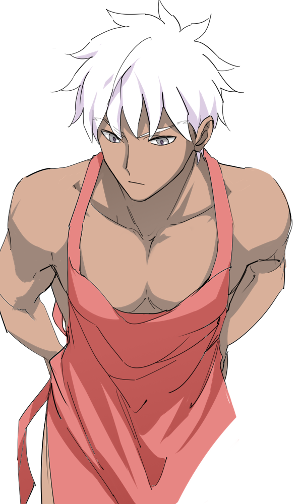 1boy apron archer closed_mouth collarbone dark_skin dark_skinned_male emya eyebrows_visible_through_hair fate/stay_night fate_(series) grey_eyes looking_down male_cleavage male_focus naked_apron pink_apron simple_background solo tying white_background white_hair
