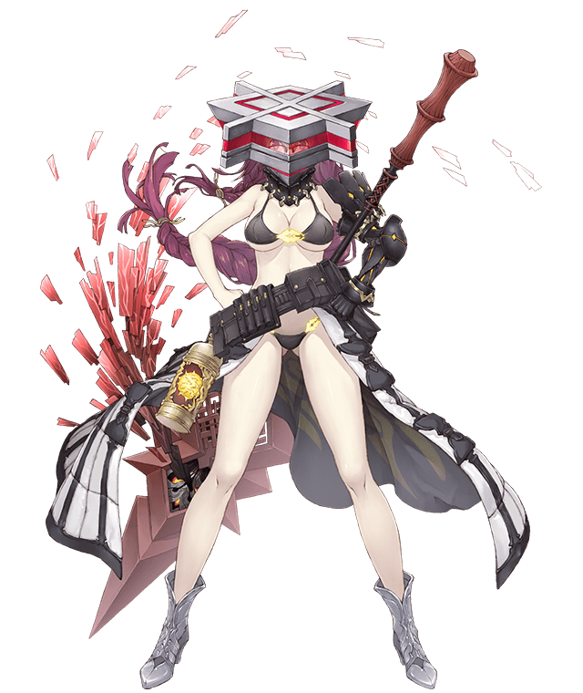 1girl ankle_boots asymmetrical_clothes asymmetrical_hair belt belt_pouch bikini boots braid breasts canister dorothy_(sinoalice) full_body gauntlets glasses hands_on_hips helmet ji_no large_breasts long_hair looking_at_viewer official_art polearm pouch purple_hair single_gauntlet sinoalice solo spear swimsuit transparent_background waist_cape weapon