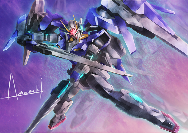 00_raiser afterimage amasaki_yusuke commentary dual_wielding flying gn_drive gundam gundam_00 holding mecha mechanical_wings no_humans signature solo sword weapon wings